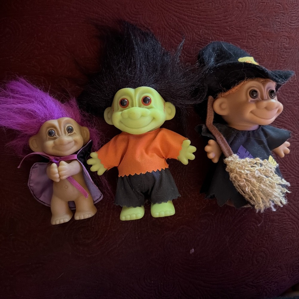 Set Of 3 Halloween Russ Trolls Witch, Monster, & Caped